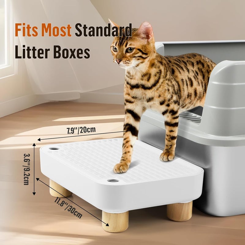 Bartuke Cat Litter Box Step Ramp, Cat Litter Catcher Mat with Wooden Feet, Filter Function, Pedal Stool for Self-Cleaning Litter Box, Ideal for Kitten & Elderly Cats (White) - Image 2